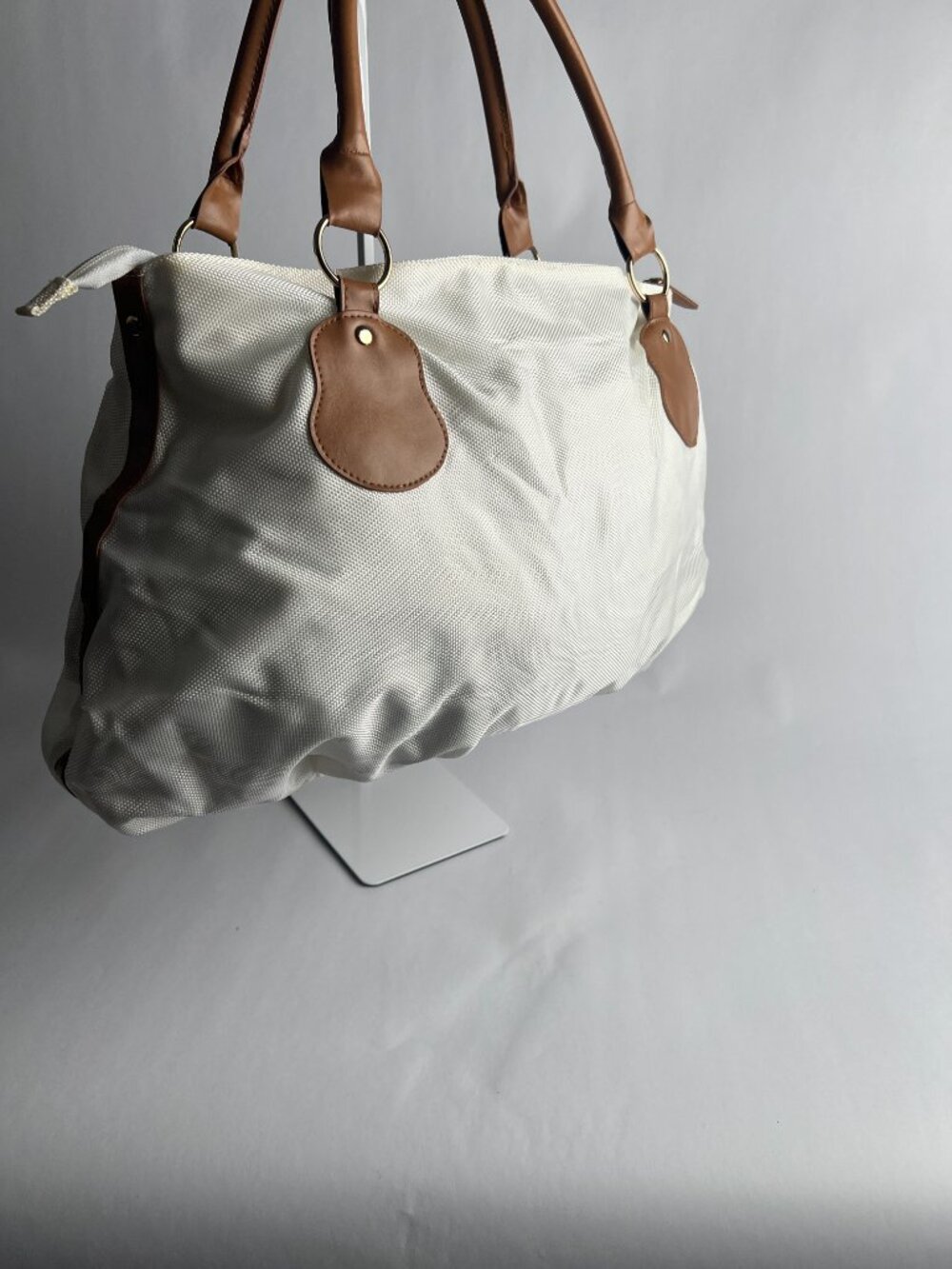 OPI Large Tote Bag Ivory Canvas Tan Faux Leather Shoulder Travel Weekender Purse - Picture 3 of 7